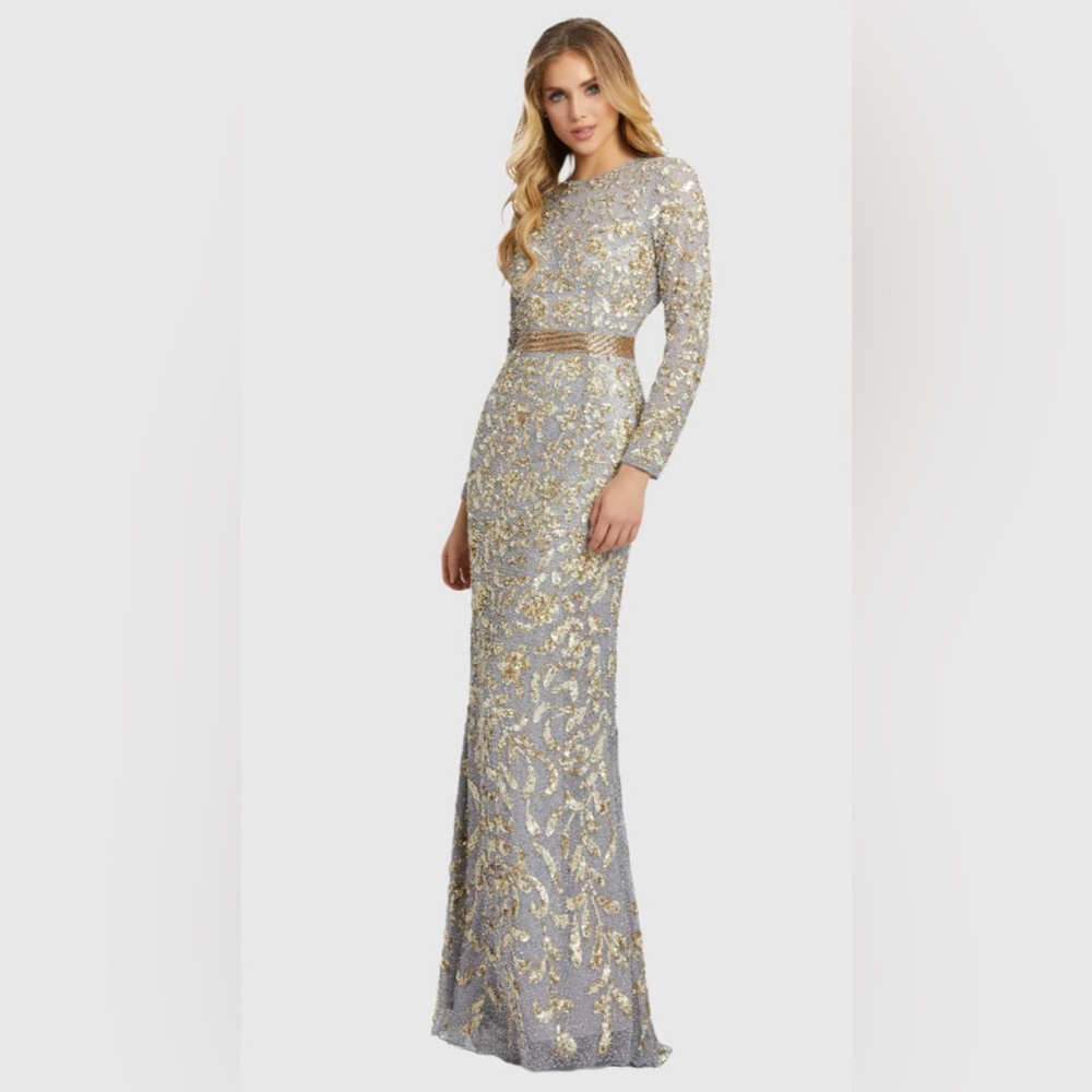 Mac Duggal Silver and Gold Embellished Long Sleeve Gown